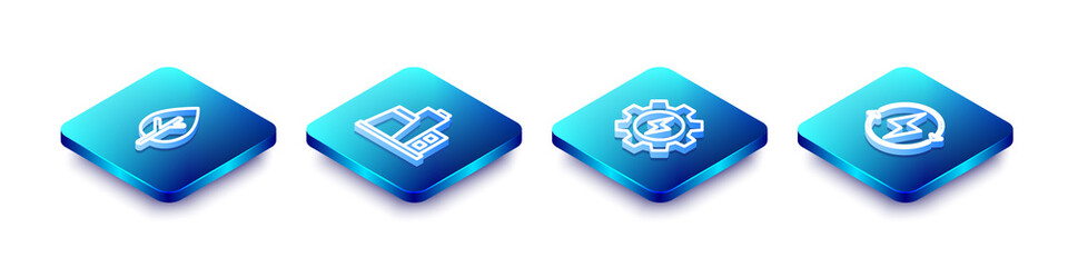 Set Isometric line Tree, Factory, Gear and lightning and Lightning bolt icon. Vector.