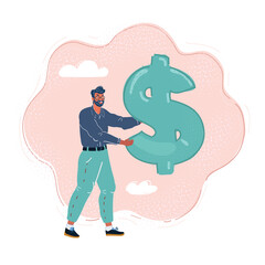 Vector illustration of man holding a giant dollar sight in his hand.