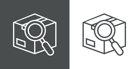 Logotipo seguimiento del envío. Icono caja de cartón con lupa con lineas en fondo gris y fondo blanco © teracreonte
