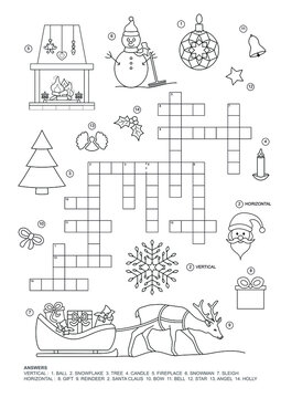 Crossword puzzle. This Christmas theme crossword puzzle game is for kids. Game and Coloring page. English language