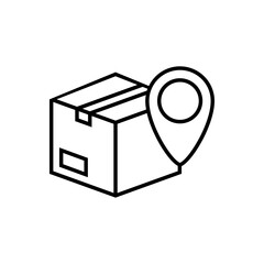 Logotipo seguimiento del envío. Icono caja de cartón con puntero de posición con lineas en color negro © teracreonte