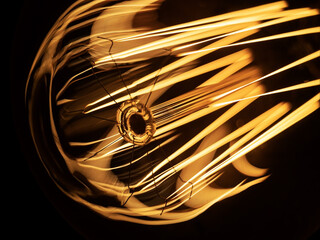close up macro retro bulb details. tungsten filament. strings of lamp