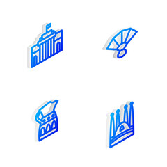 Set Isometric line Fan flamenco, Prado museum, Sangria pitcher and Sagrada Familia icon. Vector.