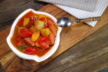 Traditional Hungarian dish - letcho with sausage, zucchini and paprika