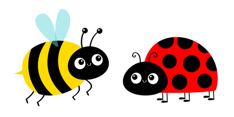 Lady bug ladybird bee bumblebee flying insect icon set. Ladybug. Side view. Cute cartoon kawaii funny baby character. Happy Valentines Day. Flat design. White background.