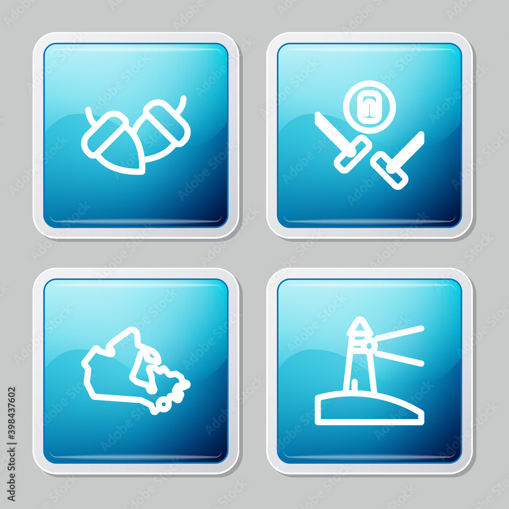 Sticker Set line Acorn, Curling sport game, Canada map and Lighthouse icon. Vector.