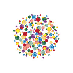 Circle pattern of rainbow vintage confetti in chaotic order.Christmas, Birthday, Winner party decor, wedding invitation, card backdrop. Watercolor hand drawn isolated elements on white background.
