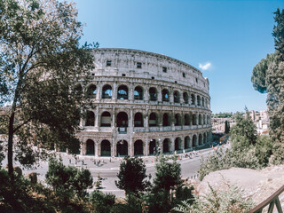Roman colosseum close up. An ancient arched structure on a sunny day.
