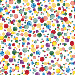 Fototapeta premium Seamless pattern of rainbow vintage confetti in chaotic order. Digital paper. Christmas, Birthday, Winner party decor, package texture. Watercolor hand drawn isolated elements on white background.