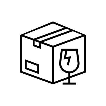 Manejar con cuidado. Logotipo envio fr&aacute;gil. Icono caja de cart&oacute;n con copa de cristal rota con lineas en color negro