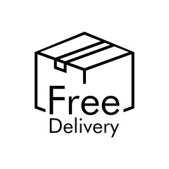 Logotipo envío gratis. Icono caja de cartón con texto Delivery Free con lineas en color negro