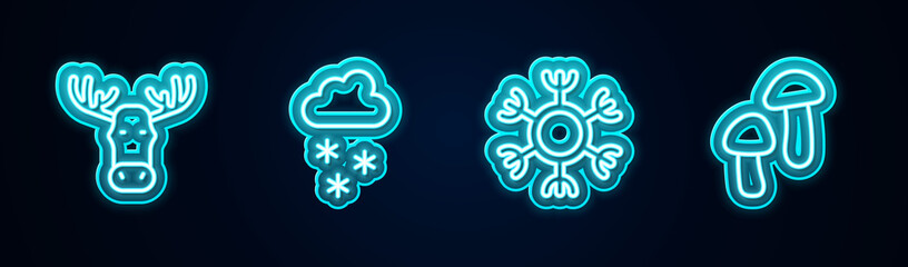 Set line Moose head with horns, Cloud snow, Snowflake and Mushroom. Glowing neon icon. Vector.