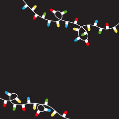 Obraz premium Christmas lights. Corner decoration. Colorful string fairy light set. Lightbulb glowing garland. Holiday festive xmas print. Rainbow color. Flat design. Isolated. Black background.