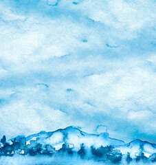 Watercolor mountains of blue paint, splash, smear, blot, abstraction. Seascape, mountain landscape, forest, coast, waves in the sea. Strokes of paint, lines, splash. Vertically line,background.