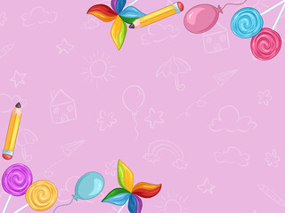 background with children's drawings. pencil, weather vane, candy, balloon drawing