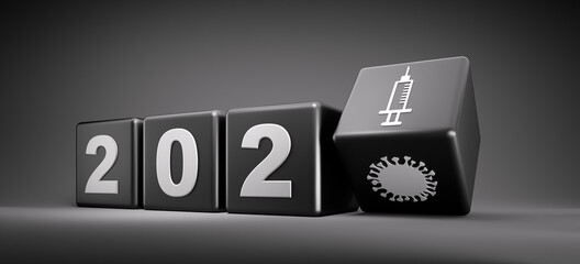 New year 2020 change to 2021 concept - changing black cubes with coronavirus and syringe icons

