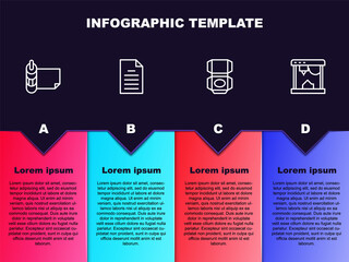 Set line Roll of paper, File document, Carton cardboard box and 3D printer. Business infographic template. Vector.