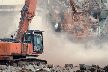 Old building Demolition works. Excavator demolishes an old building with special equipment