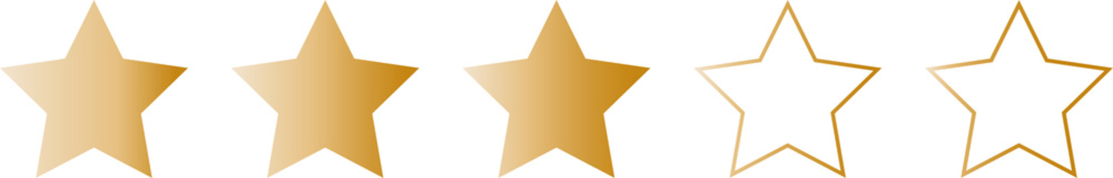 Vector graphic design three stars from five, two of them are empty, raiting review for customer feedback. Gold metallic gradient. Banner, background for website, online shop