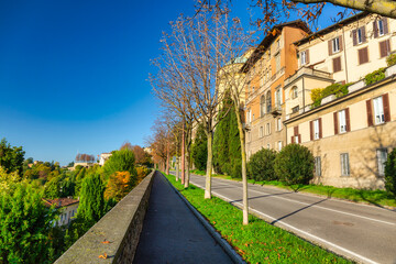 Beautiful Porta San Giacomo gate and the city walls of Citta Alta old town in Bergamo, Italy