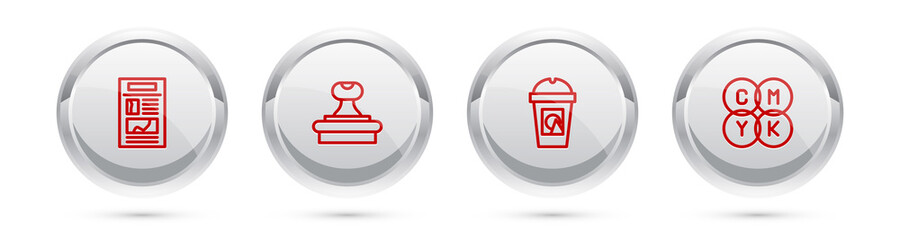 Set line News, Stamp, Coffee cup to go and CMYK color mixing. Silver circle button. Vector.