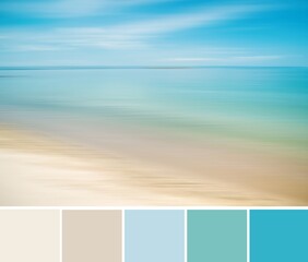 Abstract blurred shapes of colorful layers of sea water and sand on the beach. Blue, turquoises and beige gamma. Color palette swatches, combination of colors, inspired by nature.