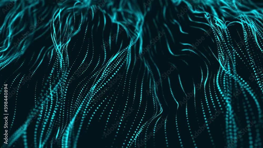 Poster abstract moving wave of many luminous particles. digital background. 3d rendering.