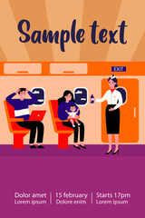 Woman with screaming baby travelling by plane. Stressed passengers, stewardess with water flat vector illustration. Transportation, tourism concept for banner, website design or landing web page