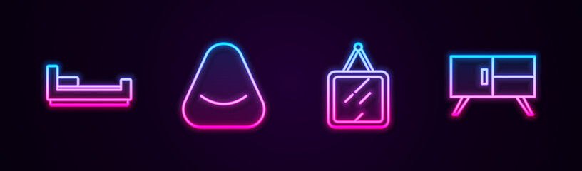 Set line Bed, Pouf, Mirror and Chest of drawers. Glowing neon icon. Vector.