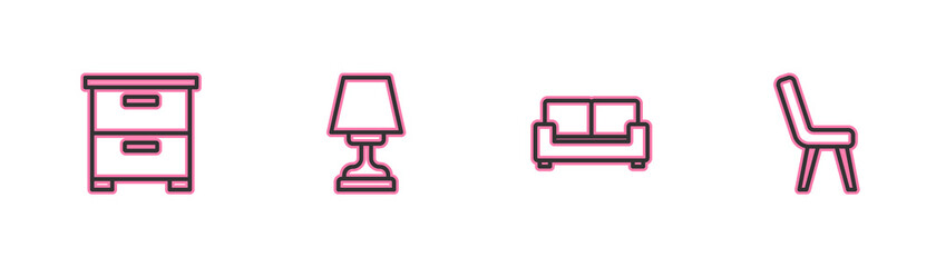 Set line Furniture nightstand, Sofa, Table lamp and Armchair icon. Vector.