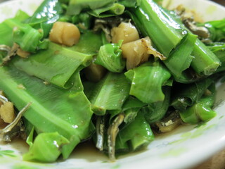 stir fried bird-nest fern with dried fish design for green vegetables concept