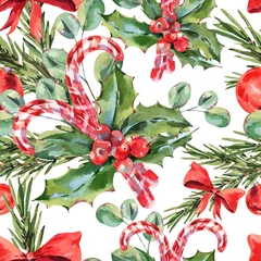 Gardinen Aquarellweinlese-Weihnachtsnahtloses Muster mit Mistelzweig, Tannenzweig, Blättern und Beeren. © depiano