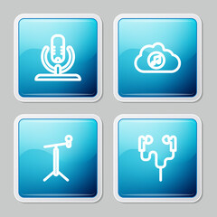 Set line Microphone, Music streaming service, with stand and Air headphones icon. Vector.
