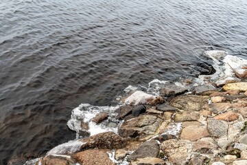 The shore of a winter lake as a natural background.