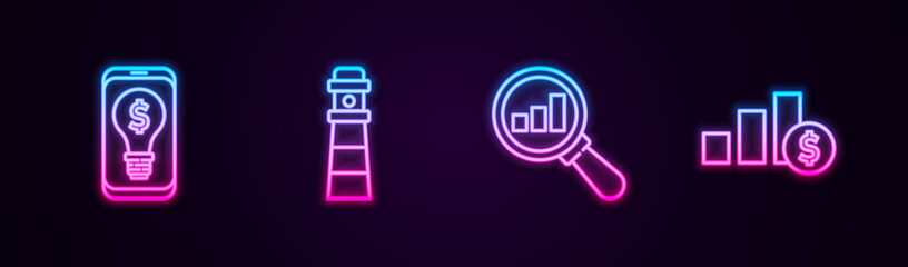 Set line Light bulb with dollar on mobile, Lighthouse, Magnifying glass and analysis and Pie chart. Glowing neon icon. Vector.