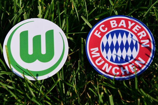 September 6, 2019, Munich, Germany. Emblems of German football clubs VfL Wolfsburg and Bayern Munich .