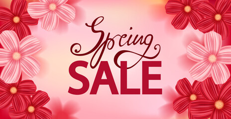 Spring sale background with red and pink flowers, template for flyer, banner, poster.