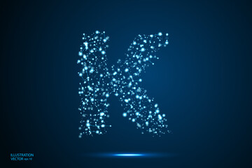 English letters abstract font consists 3d of triangles, lines, dots and connections. On a dark blue background cosmic universe stars, meteorites, galaxies. Vector illustration EPS 10.