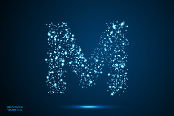 English letters abstract font consists 3d of triangles, lines, dots and connections. On a dark blue background cosmic universe stars, meteorites, galaxies. Vector illustration EPS 10.