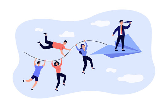 Business team and teamwork metaphor. People holding rope of paper airplane, team leader with spyglass standing in front. Vector illustration for business, planning, challenge concept