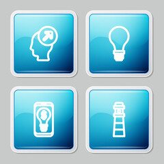 Set line Head hunting concept, Light bulb with of idea, dollar mobile and Lighthouse icon. Vector.