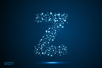 English letters abstract font consists 3d of triangles, lines, dots and connections. On a dark blue background cosmic universe stars, meteorites, galaxies. Vector illustration EPS 10.