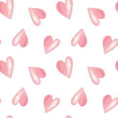 Seamless pattern with pink hearts on white background, hand painted watercolor illustration