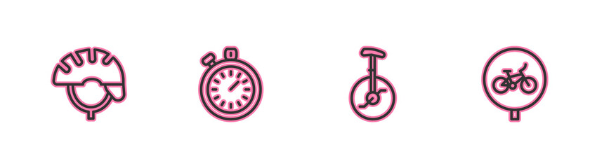 Set line Bicycle helmet, Unicycle or one wheel bicycle, Stopwatch and icon. Vector. © vector_v