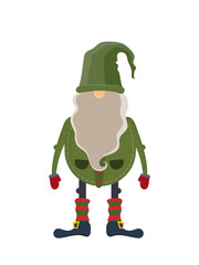 Christmas gnome in green clothes. Little man with a beard and a green hat. Vector.