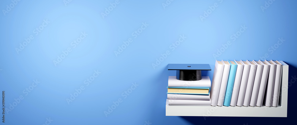 Aufkleber education and graduation concept. 3d rendering of colorful books and graduates hat on blue backgroun