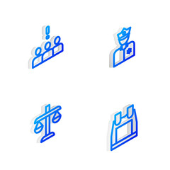 Set Isometric line Police officer, Crowd protest, Scales justice and Bulletproof vest icon. Vector.
