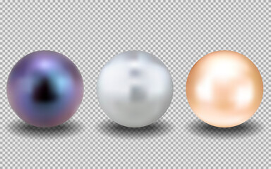 Set of realistic pearls. Round white, purple, beige, formed in the shell of a pearl oyster, a gem. Vector illustration