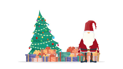 Santa claus with christmas tree and gifts. Christmas tree, garlands, gifts. Vector.