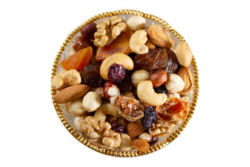 Mixed nuts in a glass plate. Healthy and natural nutrition .Cashew, Almond,, Hazelnut,, Fig,, Walnut,, Apricot,, Raisin,, Blueberry.